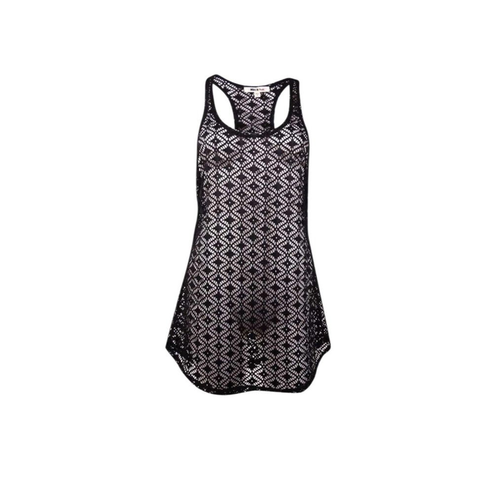 Miken Dress Top Swim Cover Up Black Crochet Racerback Beach Womens Size Medium